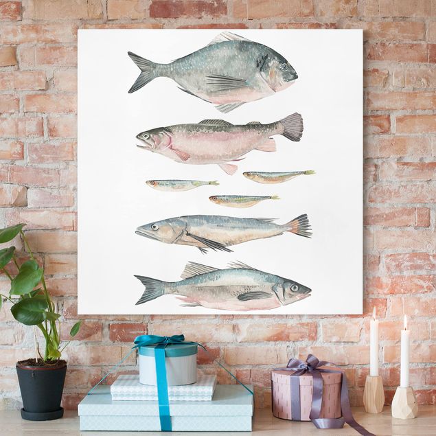 Billeder på lærred fisk Seven Fish In Watercolour II