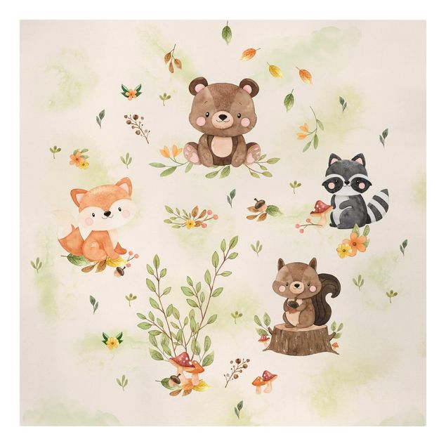 Billeder på lærred landskaber Forest Animals Autumn Bear Squirrel Raccoon