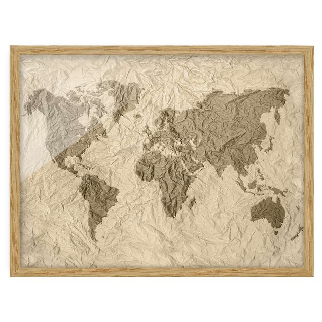 Billeder moderne Paper World Map Beige Brown
