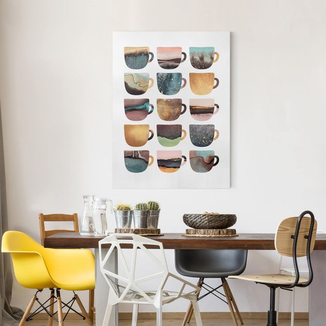 Billeder på lærred kunsttryk Colourful Coffee Mugs With Gold