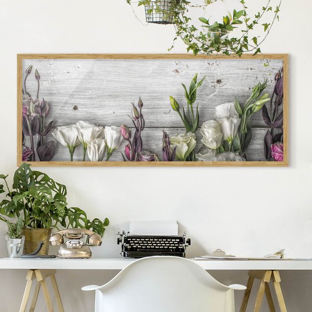 Indrammede plakater blomster Tulip Rose Shabby Wood Look