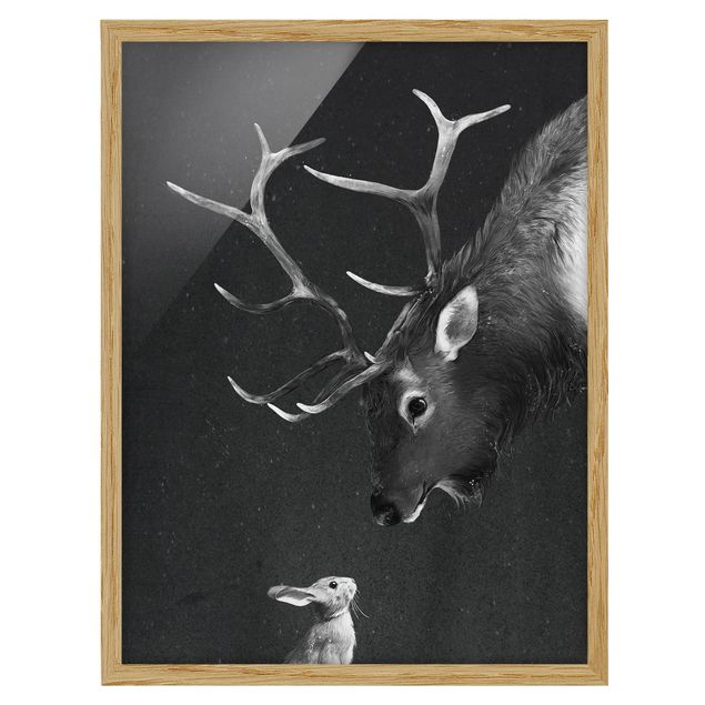 Indrammede plakater sort og hvid Illustration Deer And Rabbit Black And White Drawing