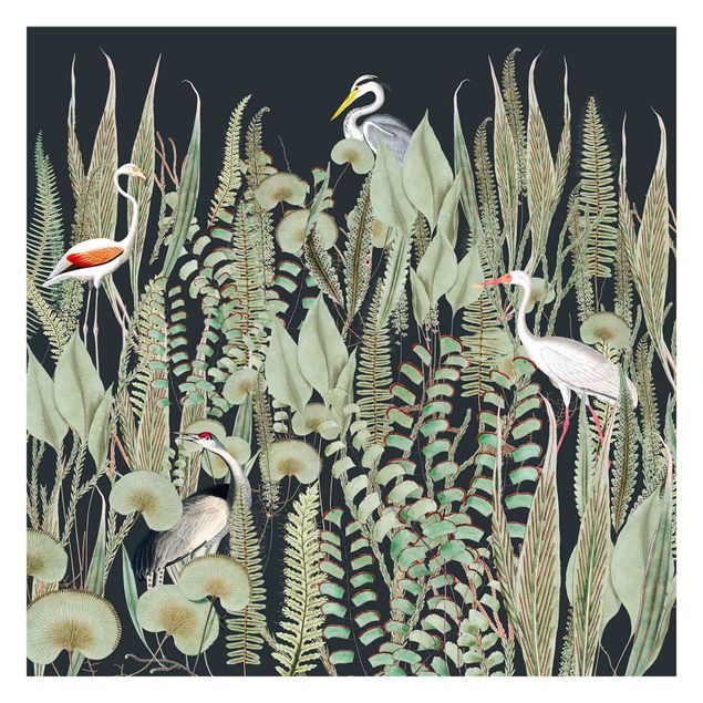 Tapet moderne Flamingo And Stork With Plants On Green