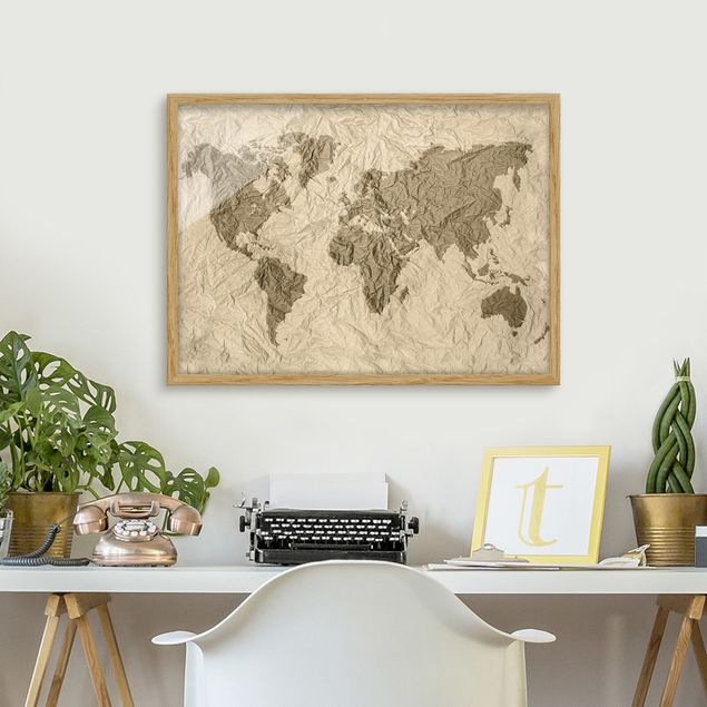 Indrammede plakater verdenskort Paper World Map Beige Brown