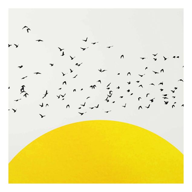 Glasbilleder dyr Flock Of Birds In Front Of Yellow Sun