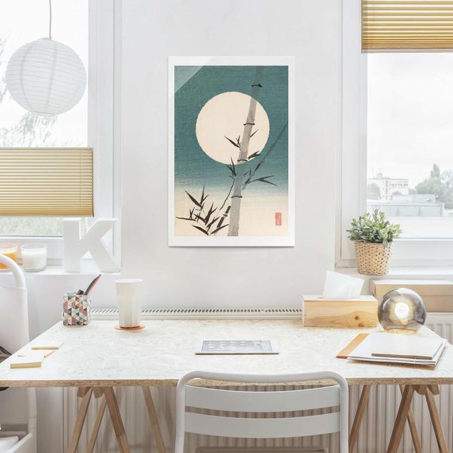 Glasbilleder landskaber Japanese Drawing Bamboo And Moon