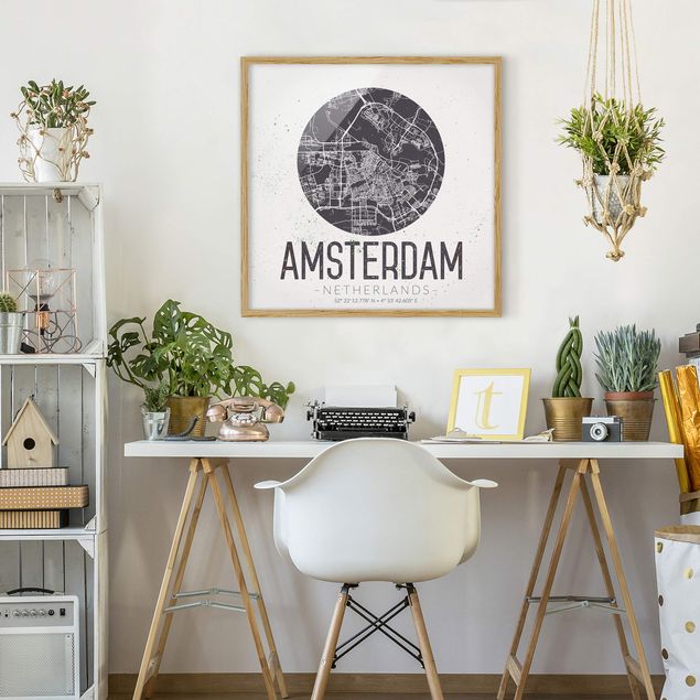 Indrammede plakater verdenskort Amsterdam City Map - Retro