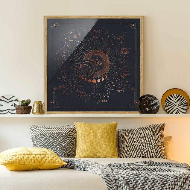 Indrammede plakater verdenskort Astrology Sun Moon And Stars Blue Gold