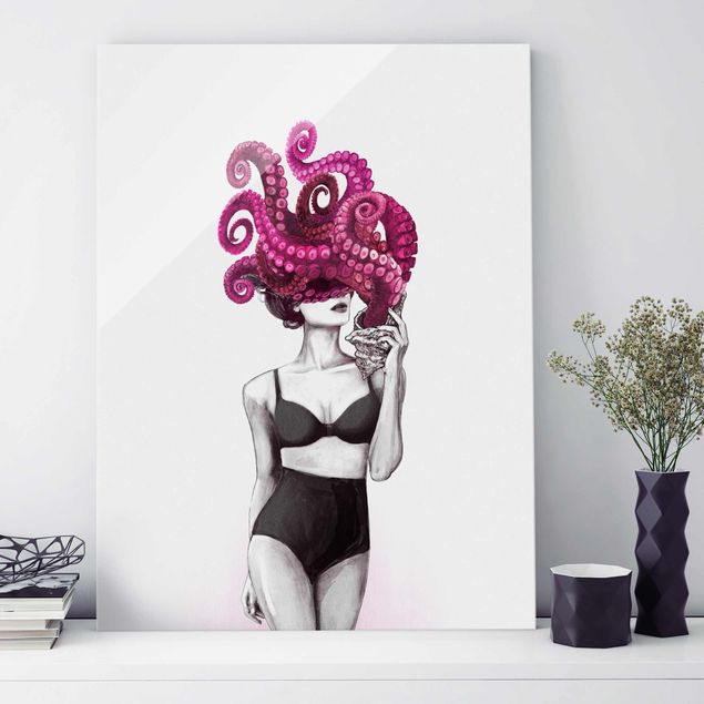 Glas magnettavla Illustration Woman In Underwear Black And White Octopus