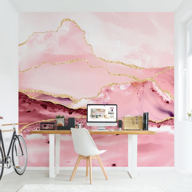 Marmor tapet Abstract Mountains Pink With Golden Lines