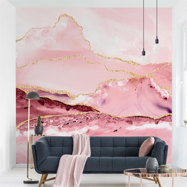 Tapet mønster Abstract Mountains Pink With Golden Lines