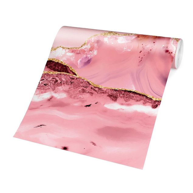 Tapet industriel Abstract Mountains Pink With Golden Lines