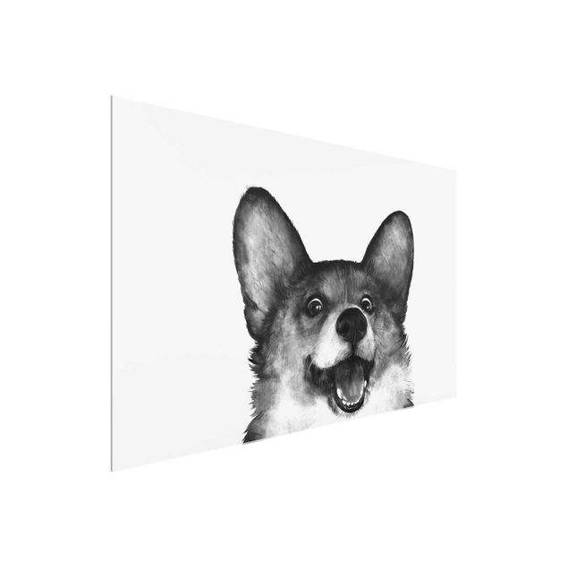 Glasbilleder sort og hvid Illustration Dog Corgi Black And White Painting