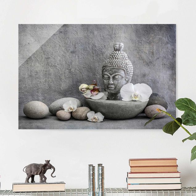 Glasbilleder orkideer Zen Buddha, Orchid And Stone