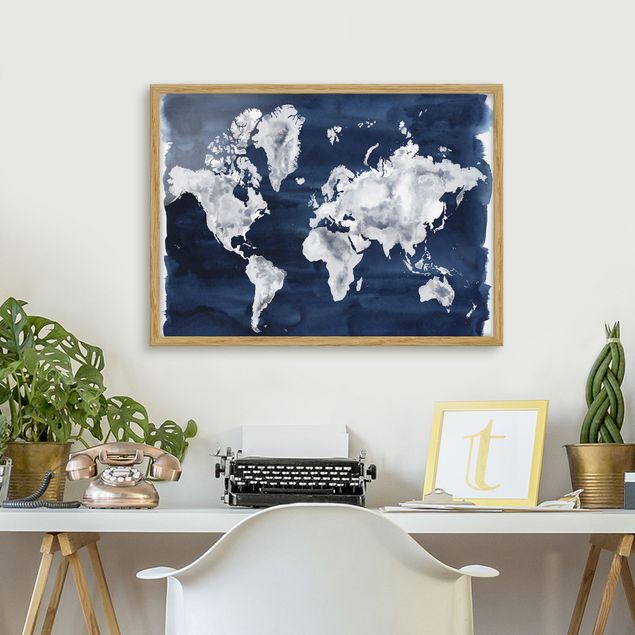 Indrammede plakater verdenskort Water World Map Dark