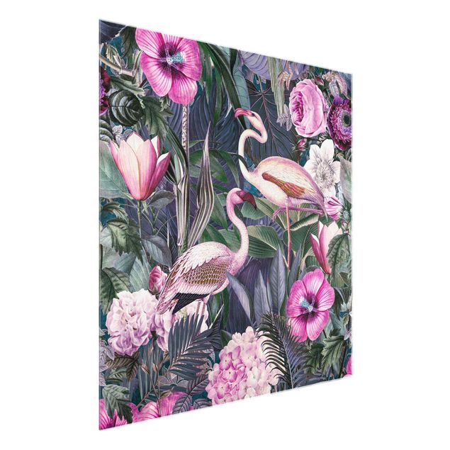 Glasbilleder blomster Colourful Collage - Pink Flamingos In The Jungle