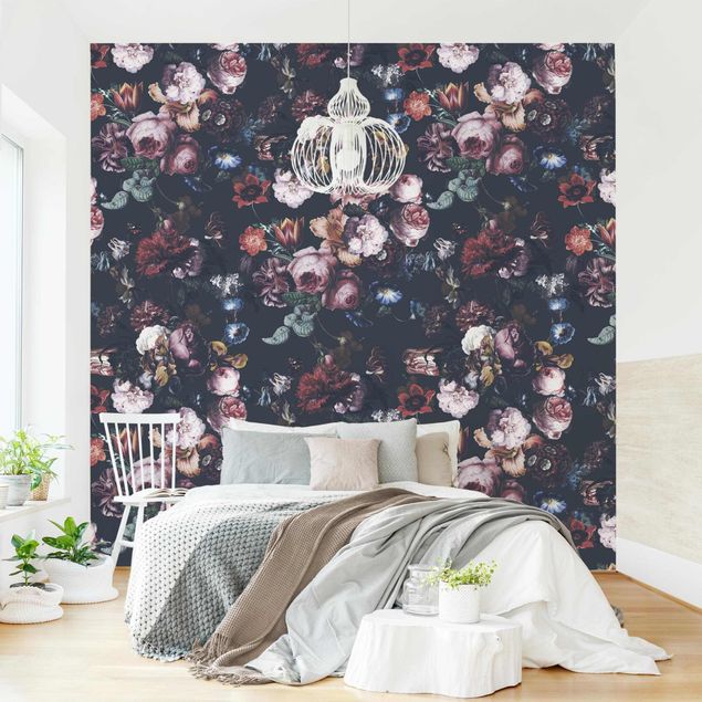Fototapet roser Old Masters Flowers With Tulips And Roses On Dark Gray