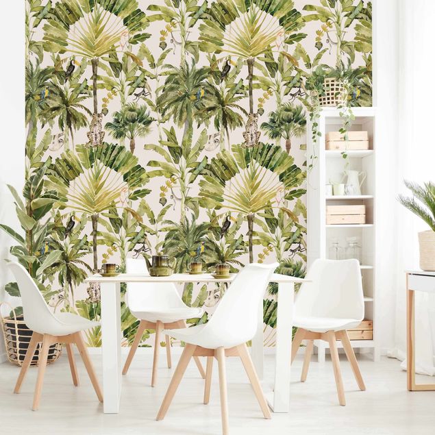 Blomster tapet Watercolour Banana Tree And Leopard Pattern