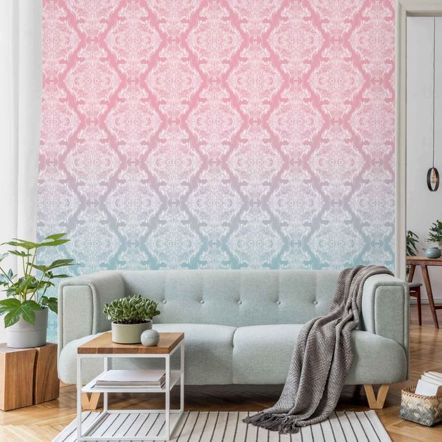 Barok tapet Watercolour Baroque Pattern With Blue Pink Gradient
