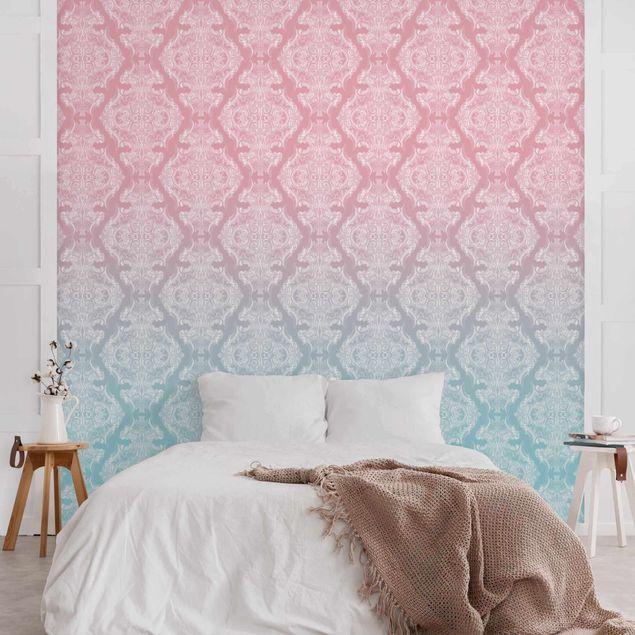 Moderne tapet Watercolour Baroque Pattern With Blue Pink Gradient