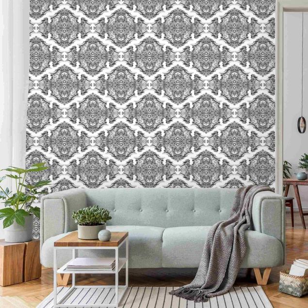 Ornamenter tapet Watercolour Baroque Pattern With Ornaments In Gray