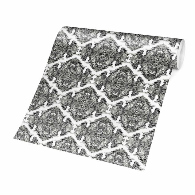 Moderne tapet Watercolour Baroque Pattern With Ornaments In Gray
