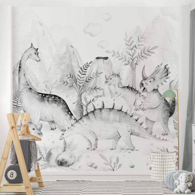 Tapet moderne Watercolour World Of Dinosaurs Black And White