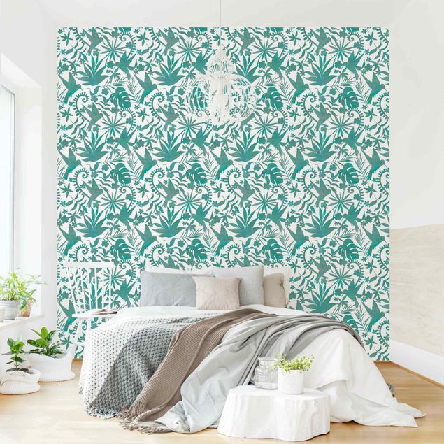 Blomster tapet Watercolour Hummingbird And Plant Silhouettes Pattern In Turquoise