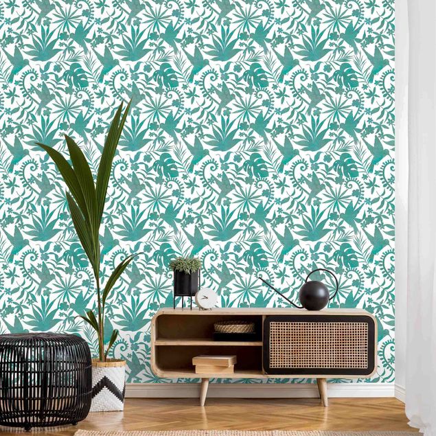 Mønstret tapeter Watercolour Hummingbird And Plant Silhouettes Pattern In Turquoise