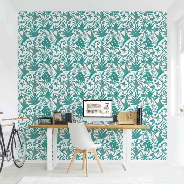 Moderne tapet Watercolour Hummingbird And Plant Silhouettes Pattern In Turquoise