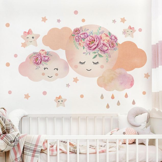 Wallstickers rummet Watercolor moon clouds and stars with roses