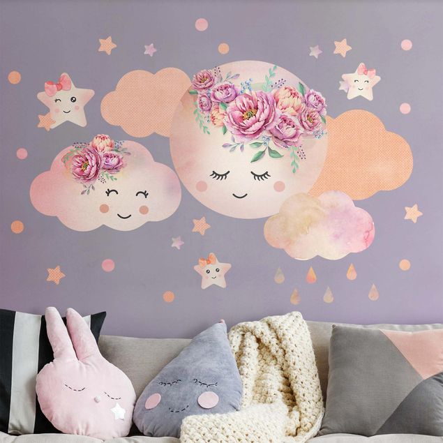 Børneværelse deco Watercolor moon clouds and stars with roses