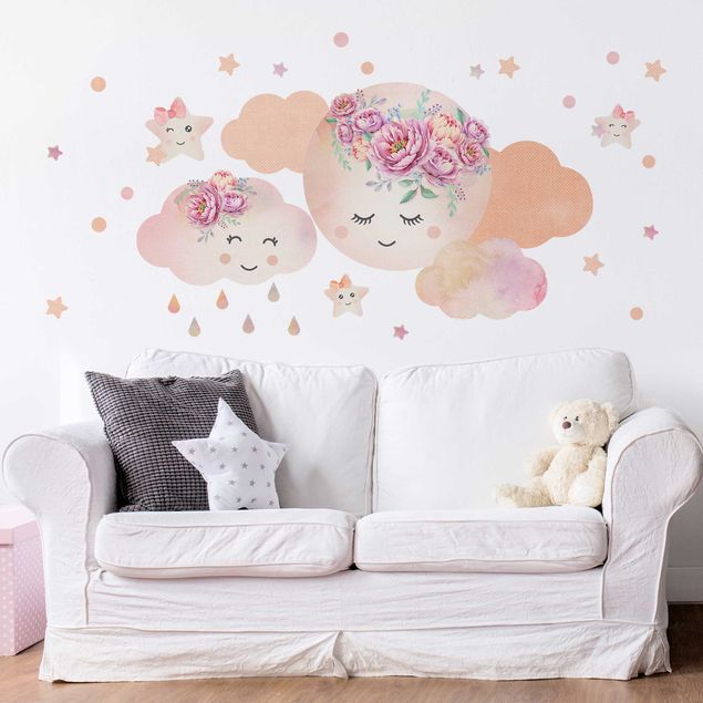 Wallstickers Watercolor moon clouds and stars with roses