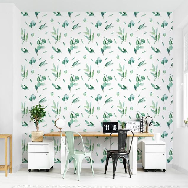 Tapet moderne Watercolor Pattern Leaves And Eucalyptus