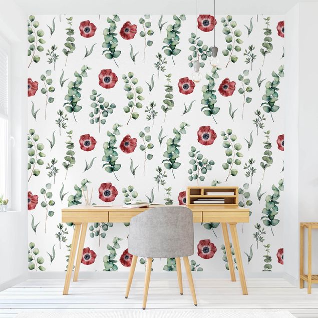 Moderne tapet Watercolor Pattern Eucalyptus And Flowers