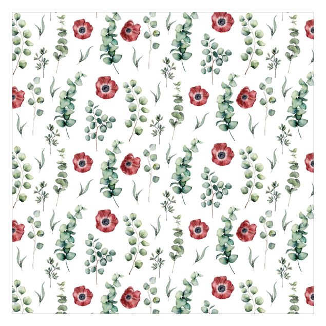 Tapet Watercolor Pattern Eucalyptus And Flowers