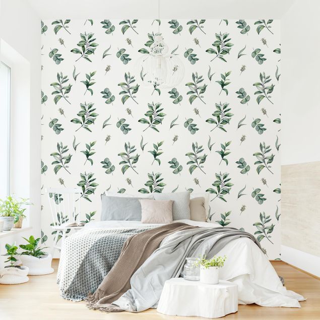 Tapet med mønster Watercolor Pattern Branches And Leaves