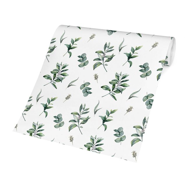 Turkis tapet Watercolor Pattern Branches And Leaves