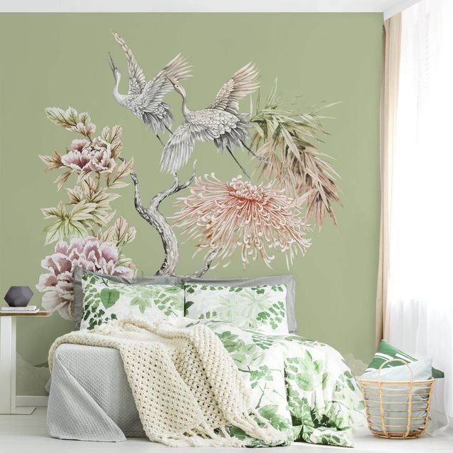 køkken dekorationer Watercolour Storks In Flight With Flowers On Green