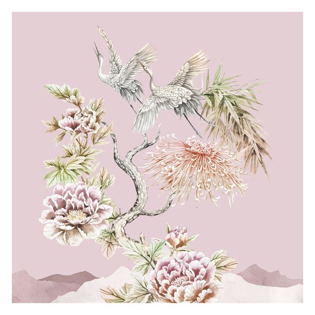 Tapet med dyr Watercolour Storks In Flight With Flowers On Pink
