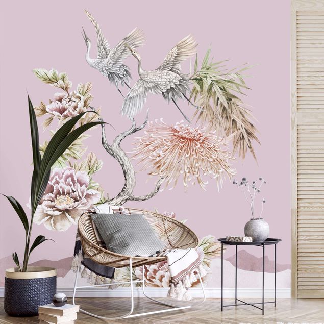 køkken dekorationer Watercolour Storks In Flight With Flowers On Pink