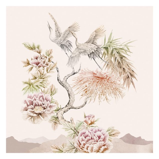 Dyre tapet Watercolour Storks In Flight With Flowers