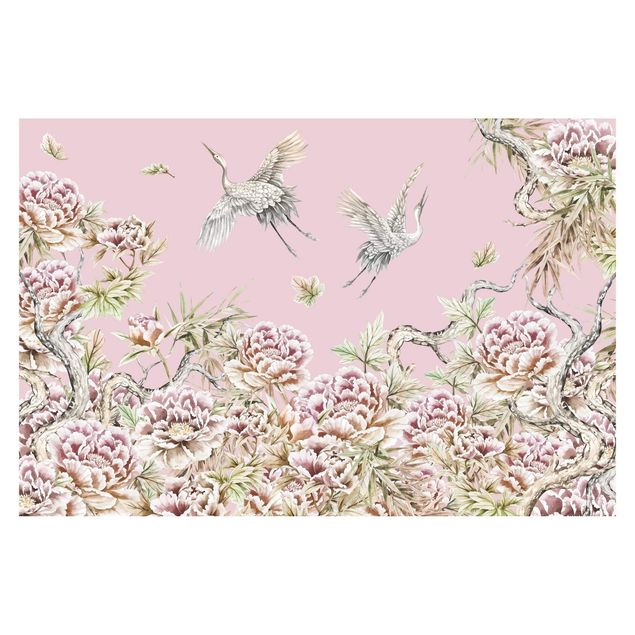 Dyre tapet Watercolour Storks In Flight With Roses On Pink