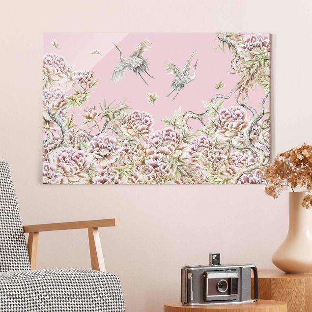 Glasbilleder roser Watercolour Storks In Flight With Roses On Pink
