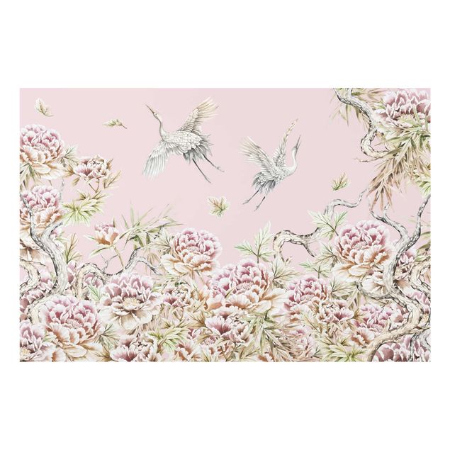 Billeder blomster Watercolour Storks In Flight With Roses On Pink
