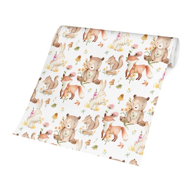 Tapet beige Watercolour Forest Animals Bear And Fox