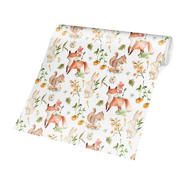 Tapet beige Watercolour Forest Animals Fox And Rabbit