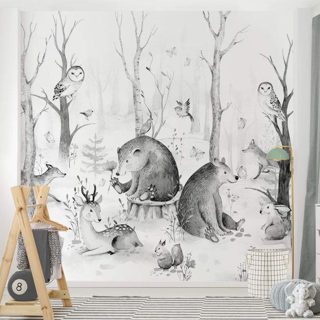 Børneværelse deco Watercolour Forest Animal Friends Black And White