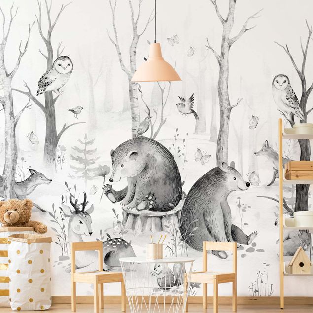 Moderne tapet Watercolour Forest Animal Friends Black And White