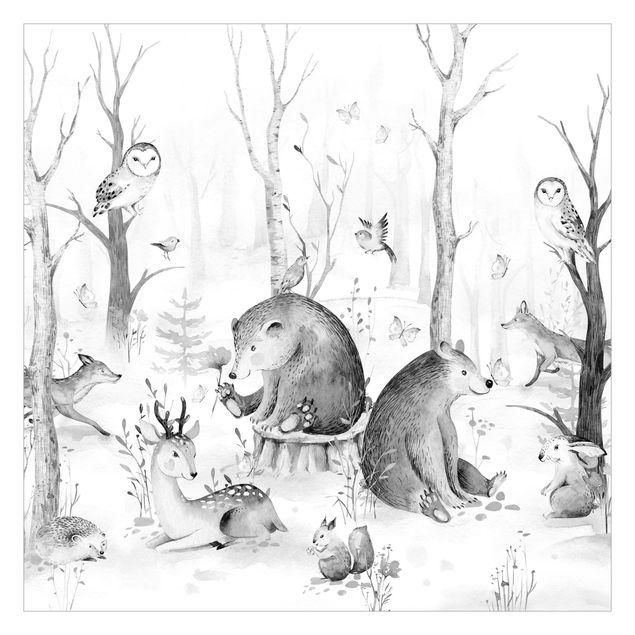Tapet Watercolour Forest Animal Friends Black And White